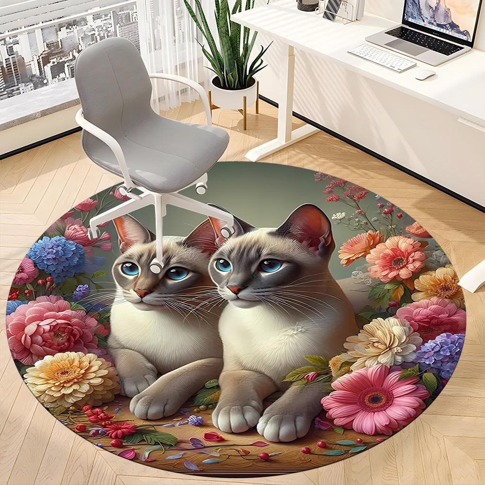 1pc Cats Flowers Office Round Rug, Carpet for Office, Gaming, Lightweight Round Floor Mat yy260205063