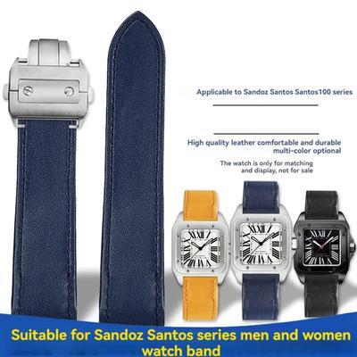 ONEGenuine Lea/ther Watch Strap for Cartier Sandoz Men's Santos100 Santos Series Watchband 20mm 23mm Folding Buckle Cowhide strapMN