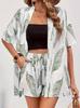 2025 Elegant Two-Piece Vacation Print Set: Short Sleeve Tie-Waist Shirt & High-Waist Shorts