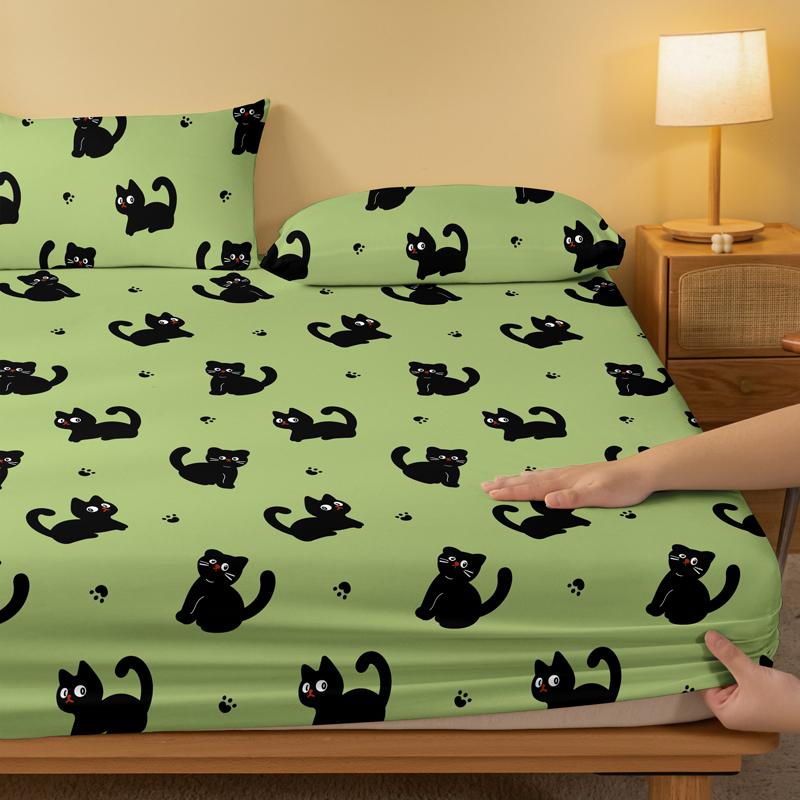 1 Cartoon Cute Animal Cat Printed Matte Fitted Sheet, Bedroom Printed Bed Cover, Bedding (Excluding Pillowcases)