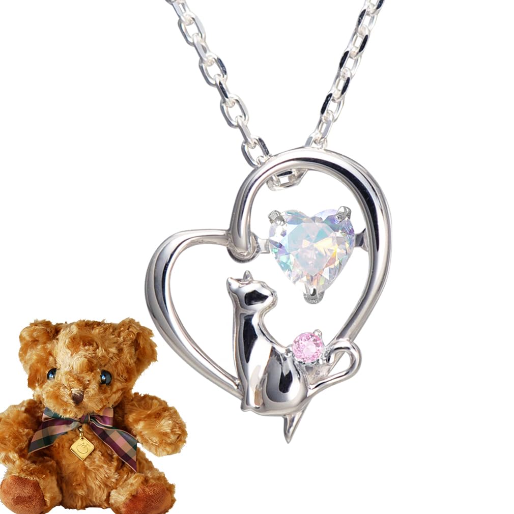 

Selectable Birthstone Necklace Finest Zirconia Dancing Stone Heart Cat Pendant Silver Pink Bear Stuffed Toy [Future Angel] Women s [Aurora] (October