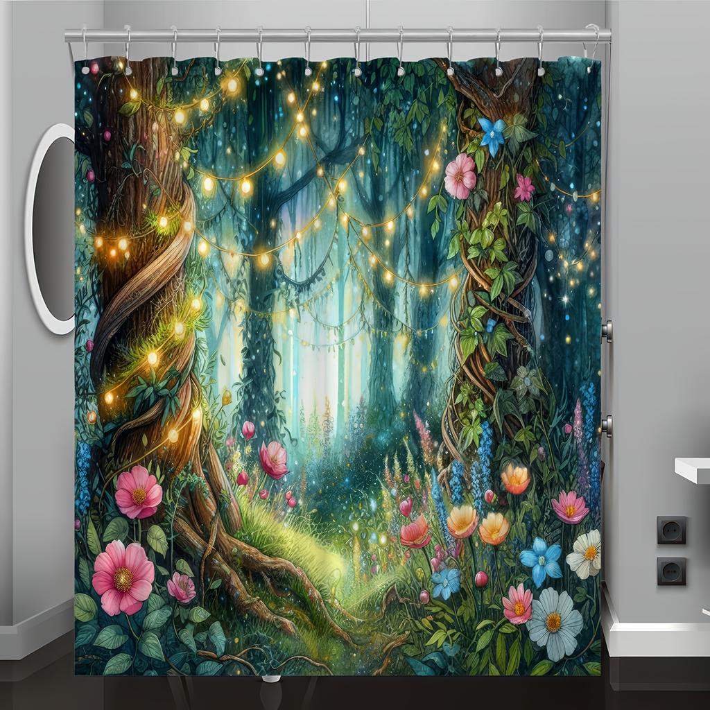 Fantasy-Wald Digitaldruck Duschvorhang, Kostenloser Haken im Lieferumfang enthalten, Waschmaschinenfest, Wendbares Polyester, Ganzjahres-Badezimmerdekoration