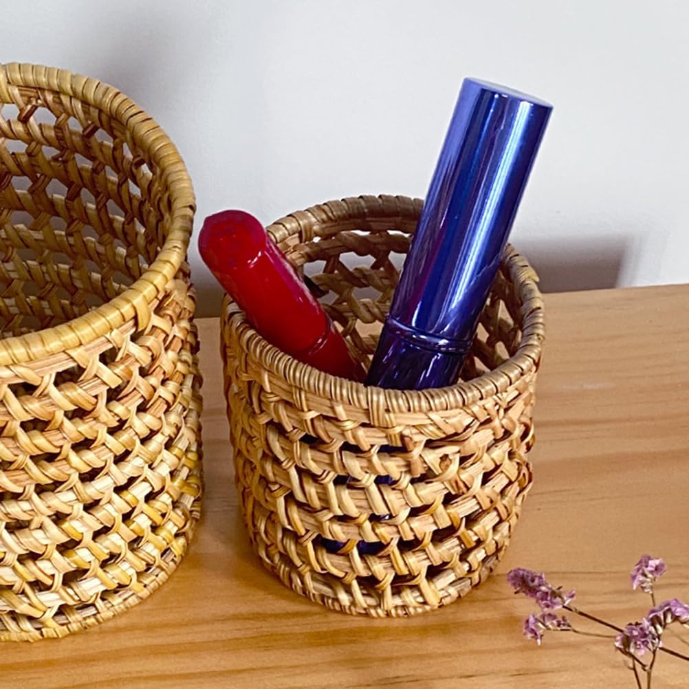 Amosfun Rattan Pencil Holder Woven Wicker Makeup Brushes Organizer Cup Home Office Vine Desk Organizer Storage 3 X 3 X 3 Inch