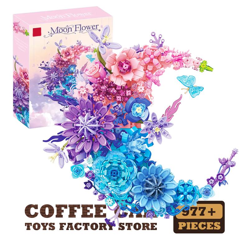 Non-Toxic Creative Moon Flowers Building Blocks Home Decoration Romantic Bouquet Moc Bricks Wall Decor Eternal Plant Children Friend Kid Gifts