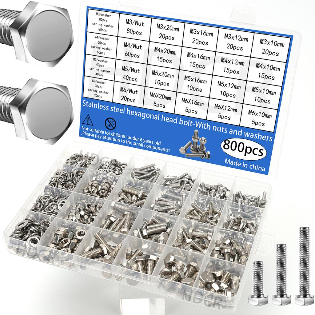 800pcs/Stainless Steel Hex Bolts, Screws, Nuts, Springs, Washers, J Nut Set, M3 M4 M5 M6 Machine Screws, Repair Tool Set