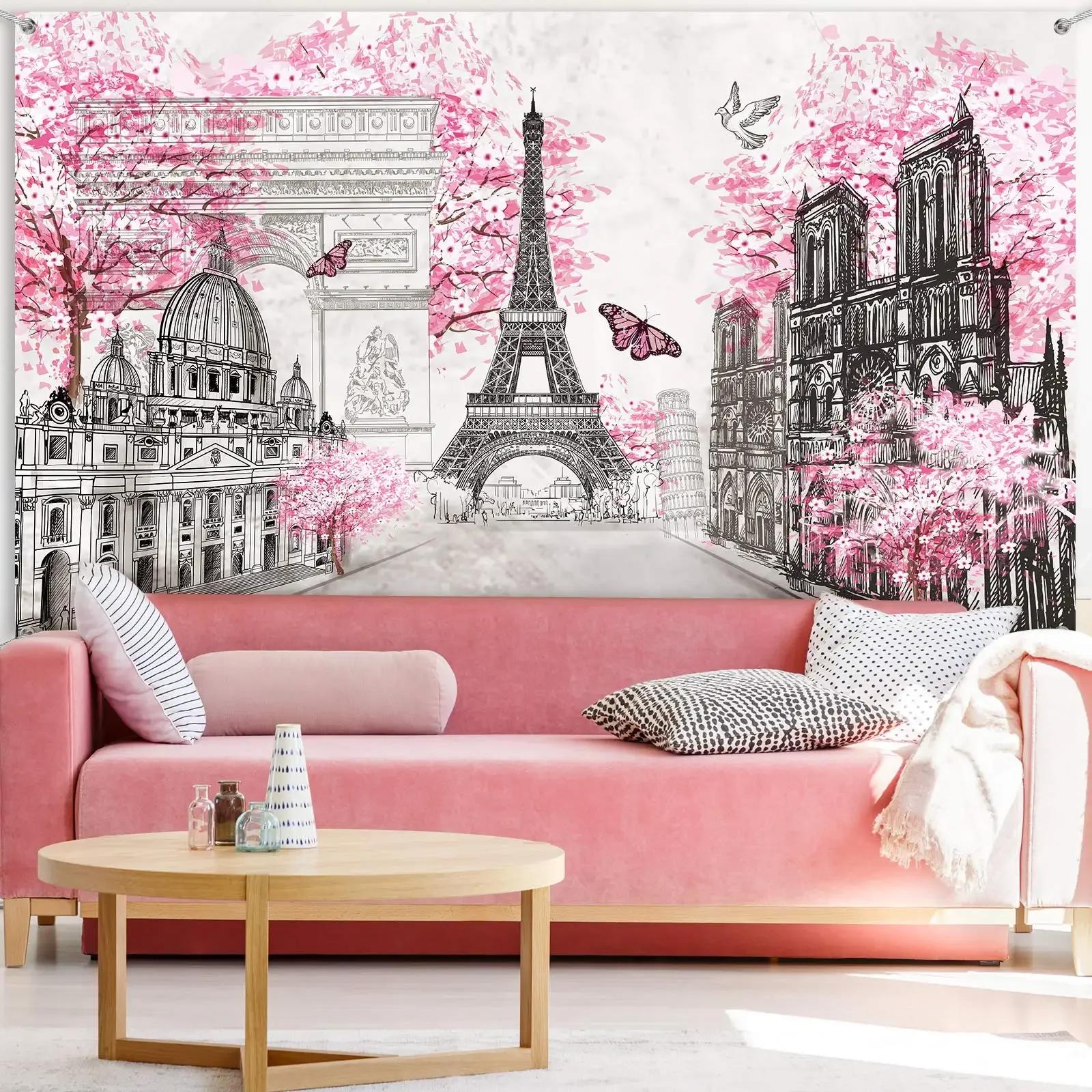 

Paris Tapestry Backdrop Wall Art Eiffel Tower Photo Banner Background European City Landscape Pink Hanging Decor 74x94cm(29x37in)