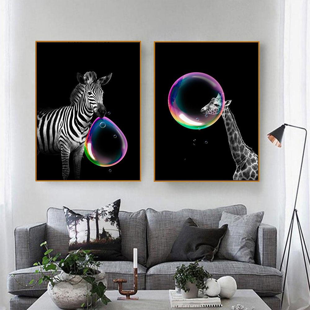 Picturi pe pânză cu bule de animale, panda, pisică, leu, tigru, elefant, girafă, imprimeuri, imagine de perete pentru sufragerie, decor acasă