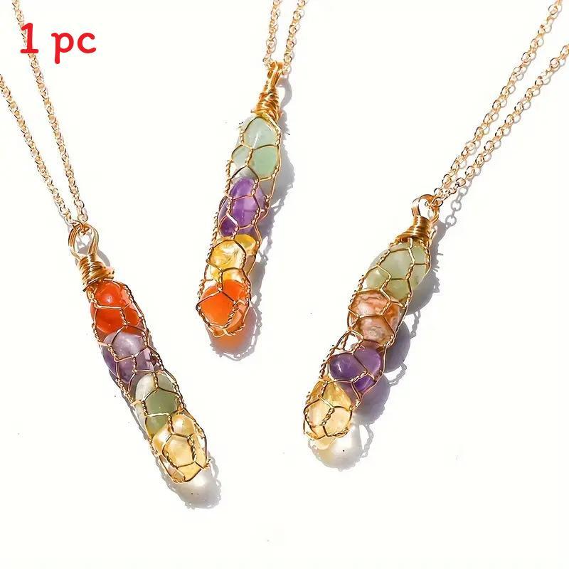 Natural Crystal Pendant Necklace With Rainbow Silk Wrap For Boho Style Jewelry