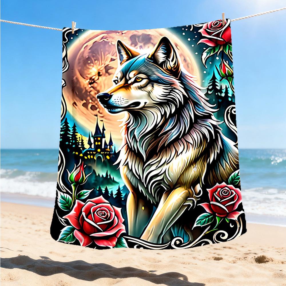 1pc Wolf Roses Design Throw Blanket Polyester Fiber, Lightweight Flannel, Soft & Warm, All Season Use for Outdoor, Camping
