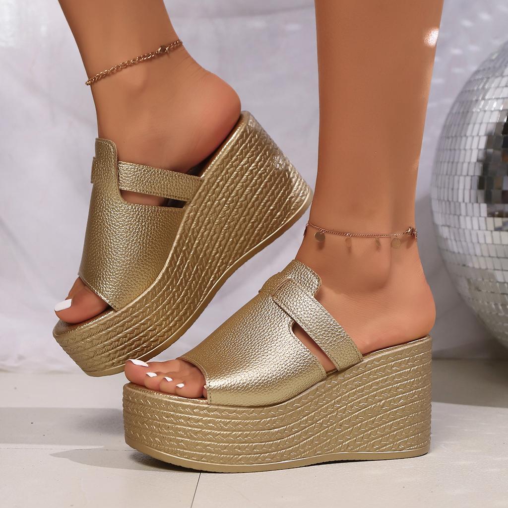 thick-soled muffin one-word cool slippers women's large-size wedge sandals fish mouth high-heeled slippers