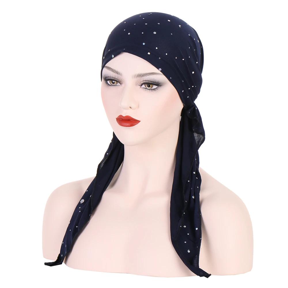 New Muslim Inner Hijab Turban Women Pre-Tied Cap Long Tail Headscarf Wrap Beanies Bonnet Head Scarf Stretch Headwear Ninja Hat