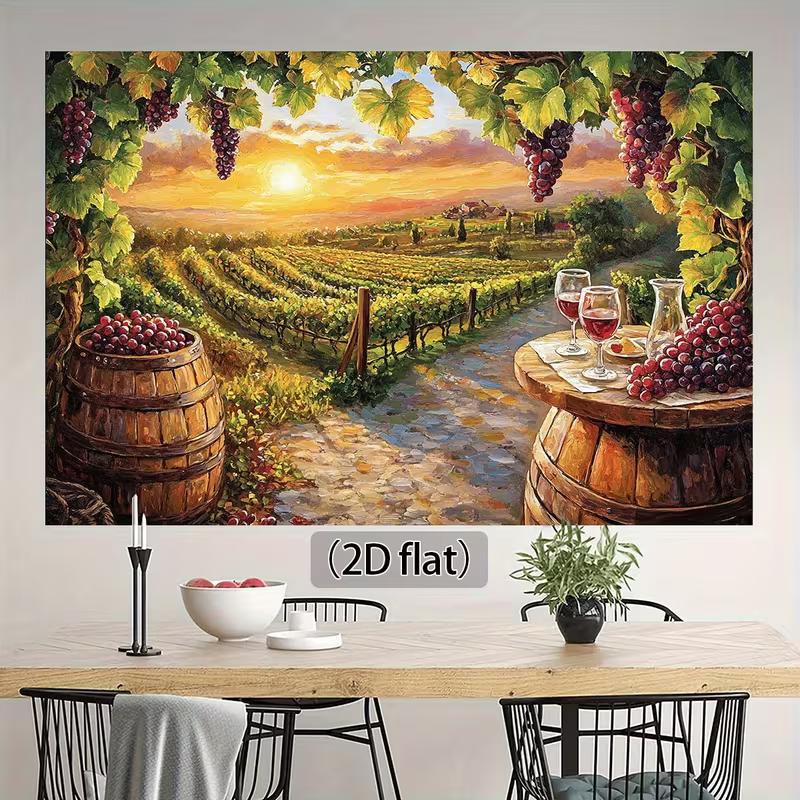 Sonnenuntergang Weinberge Ölgemälde Wandteppich, Weinfass & Trauben Wandbehang