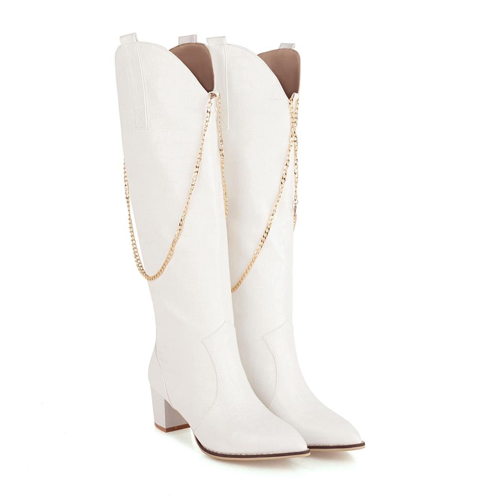 Women's high-heeled boots sexy European and American style crocodile pattern thick heel pointed large size medium boots