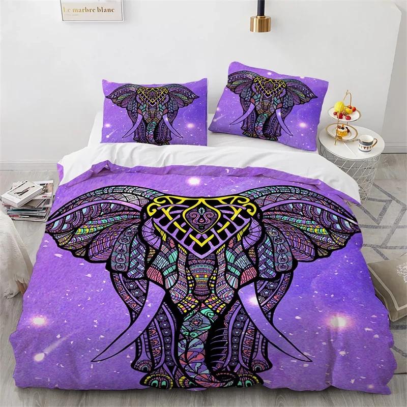 Elephant Duvet Cover King Queen Size Wild Animal Comforter Cover Polyester Bohemian Mandala African Safari Animals Bedding Set