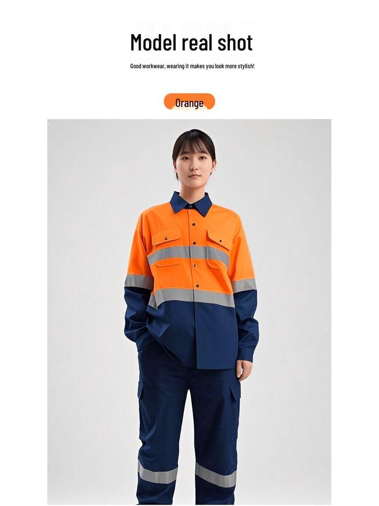 Herren Fluoreszierend Gelb/Orange Reflektierendes Baumwoll-Arbeitsbekleidungsset - Atmungsaktives Langarmhemd für Bau & Ingenieurwesen