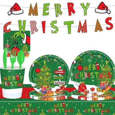 Disposable Christmas Themed Party Tableware Decoration,Birthday Theme Party Decoration Banner Pull Flag Cake Flag Balloon- Set
