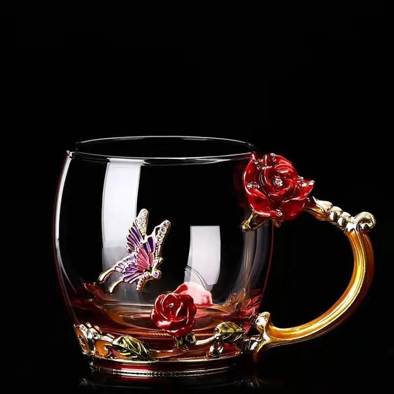 Uropean Enamel Rose Glass Cup Set with Hand-Carved Floral Design – Vintage Luxury Coffee & Tea Cups