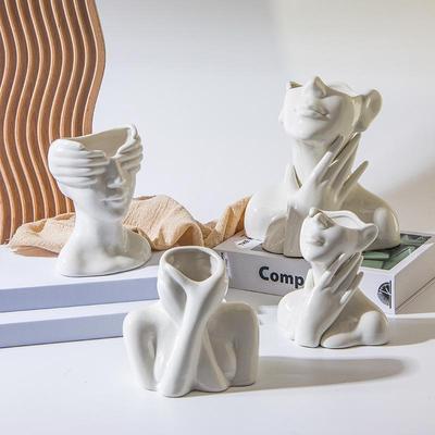 White Ceramic Face Vase, Female Form Head Half Body Vases Boho Decorative Modern Nordic Style Flower Vase for Home Living Room Office Book Shelf Decor