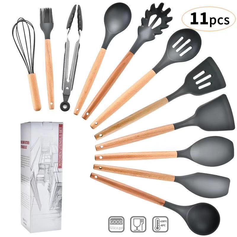 11-Piece Wooden Handle Silicone Kitchenware Set - Includes 9 Kitchen Tools, Spatula, and Spoon.