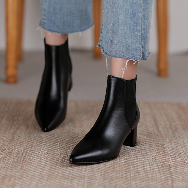 Krazing Pot Kravská kůže Zimní Špičaté špičky Silné střední podpatky Chelsea boty Dámské Nazouvací Velká velikost Retro Stručný styl Kotníkové boty
