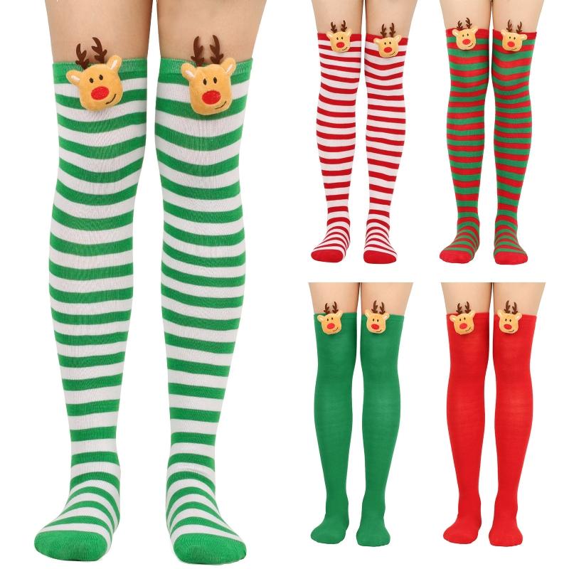 Damen Weihnachten Overknee Lange Socken Niedlich 3D Plüsch Hirsch Elch Gestreifter Druck Oberschenkelhohe Strümpfe Feiertagsparty Strumpfwaren