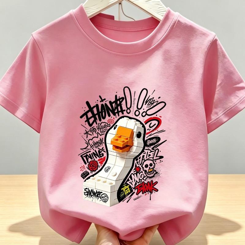 Kids Creative Building Block Doodle White Goose Print Crewneck Short Sleeve Tee
