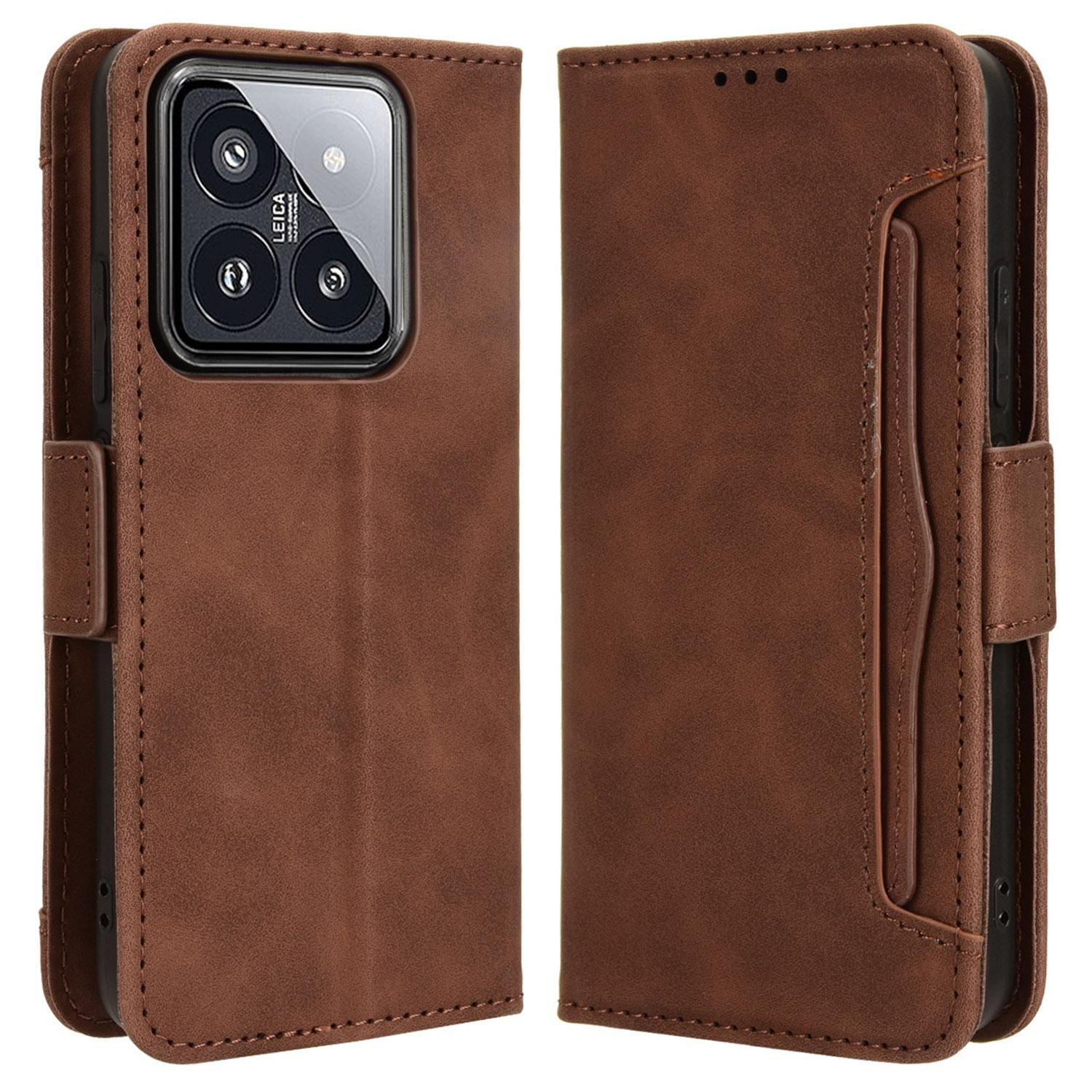 

For Xiaomi 14 Leather Case Multiple Card Slots Phone Stand Cover Brown
