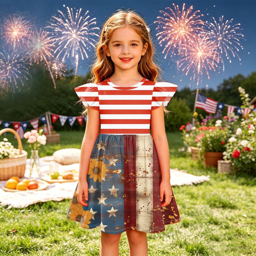 Girls' Summer Princess Dress - A-Line T-Shirt Dress Independence Day