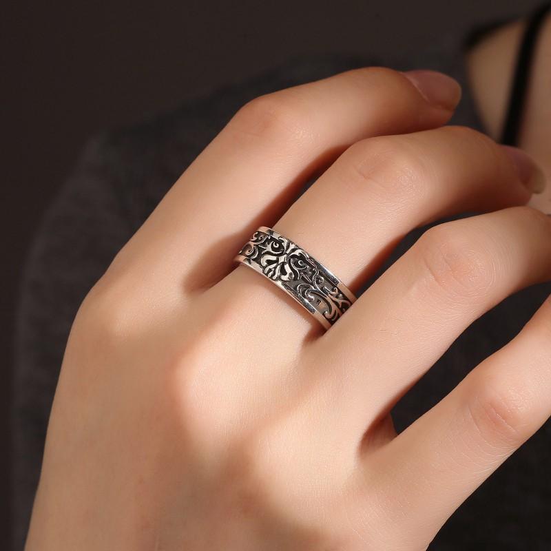 Adjustable Vintage Oxidized Floral Totem Ring Men Women Copper Statement Jewelry Boho Minimalist Style