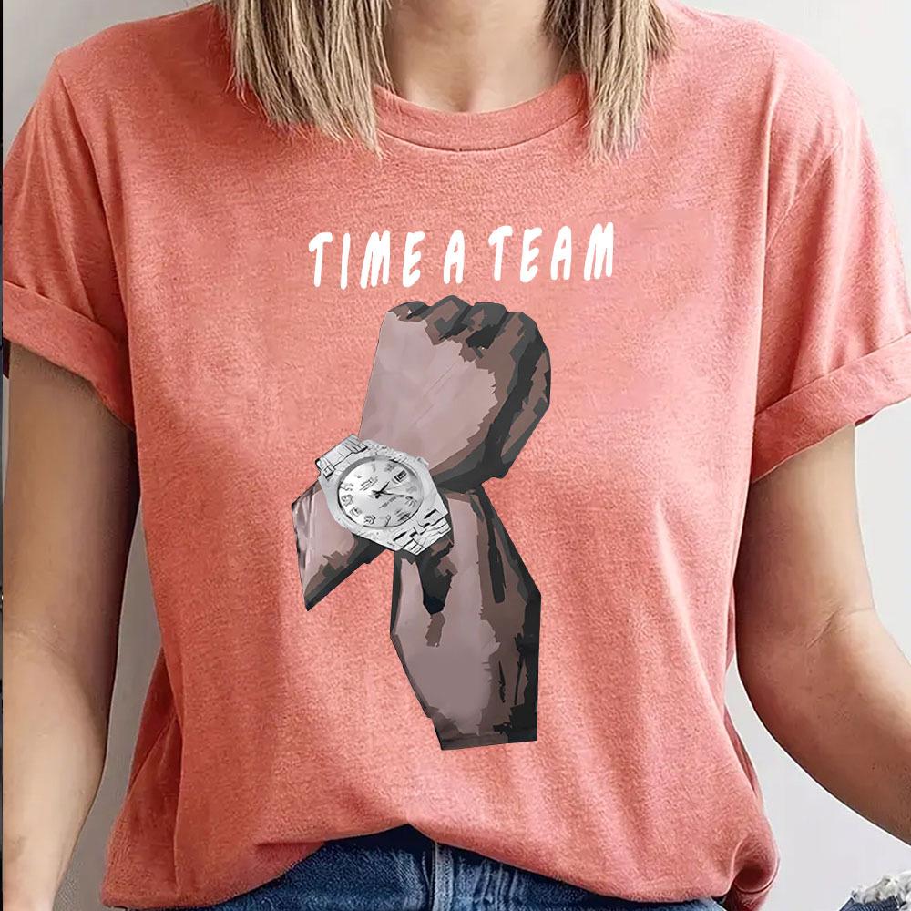 TIME A TEAM HAND Cotton T-Shirt Short Sleeve Round Neck Women 2d Print Tops