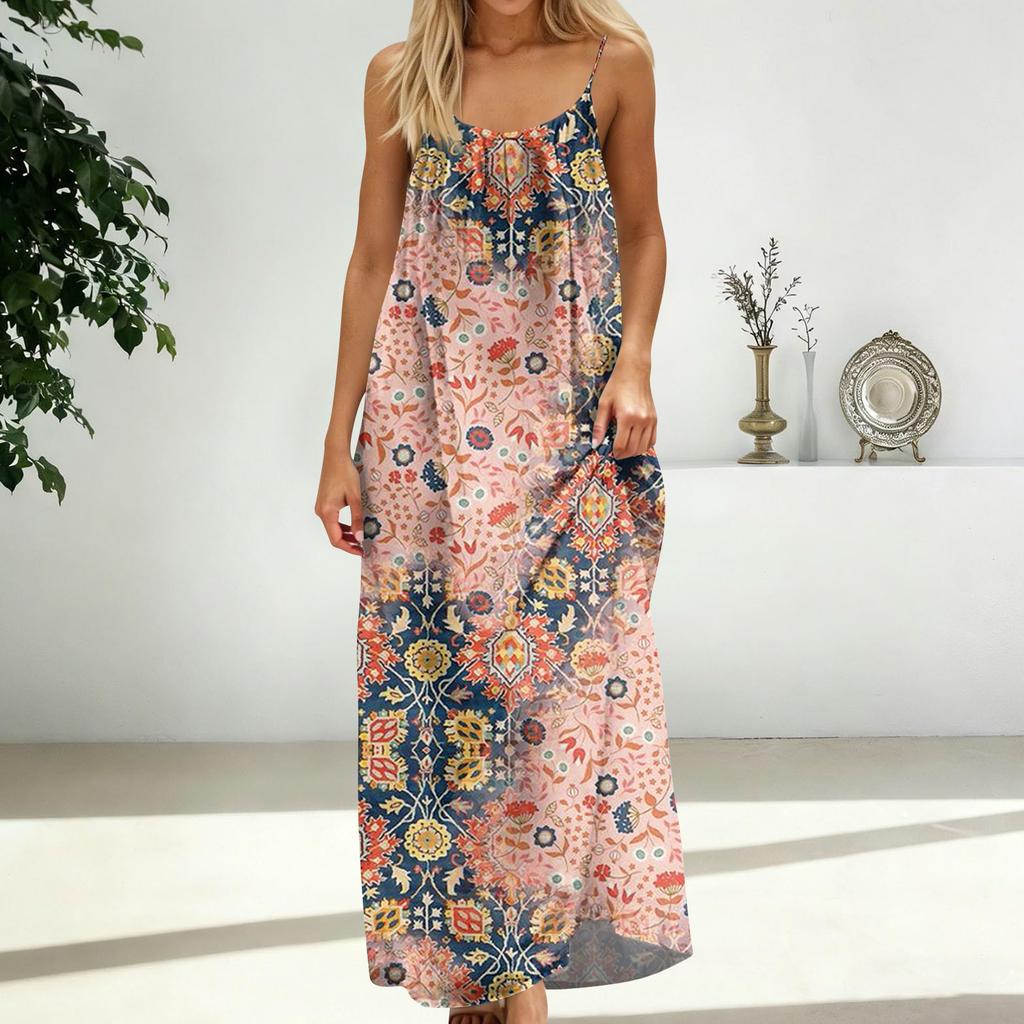 Damenmode Rückenfreies Spaghettiträger Lässiges Lockeres Vintage-Print-Kleid