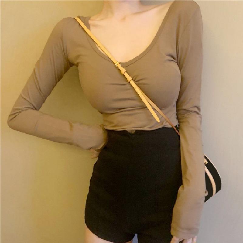 Autumn New Sexy Halter Long Sleeve T-shirt Women All Design Sense U Collar Solid Color Top Spice Girl Base Shirt
