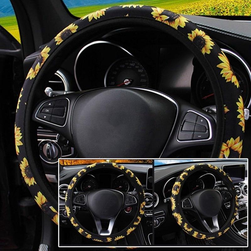 Modischer, universeller Lenkradbezug fürs Auto mit Sonnenblumen-Print, elastisches Band, bequemes Zubehör