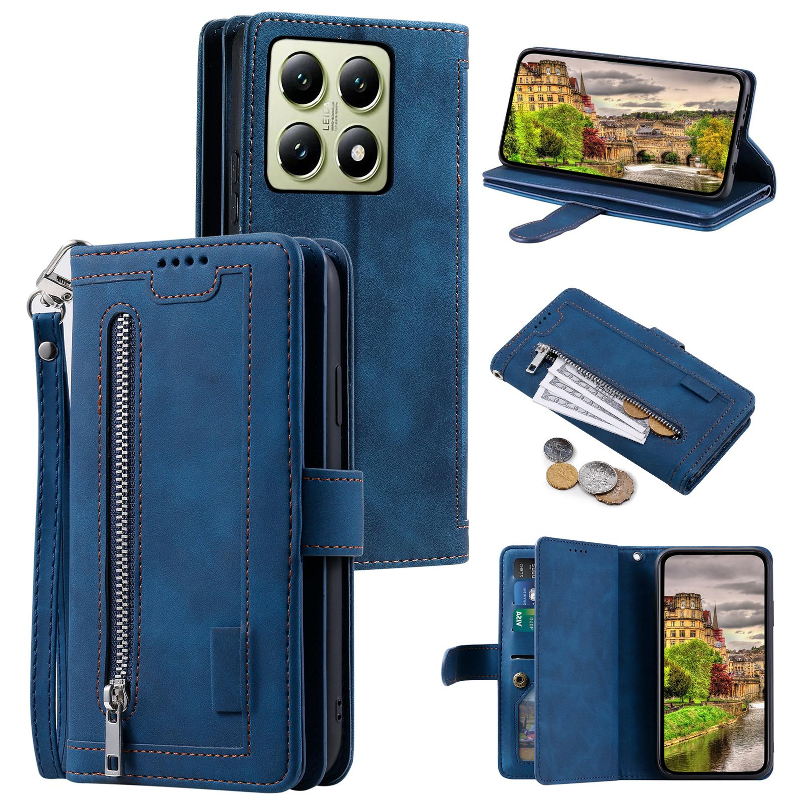 

Чехол для телефона Xiaomi 14T с карманом на молнии, 9 слотами для карт, откидной из искусственной кожи Blue