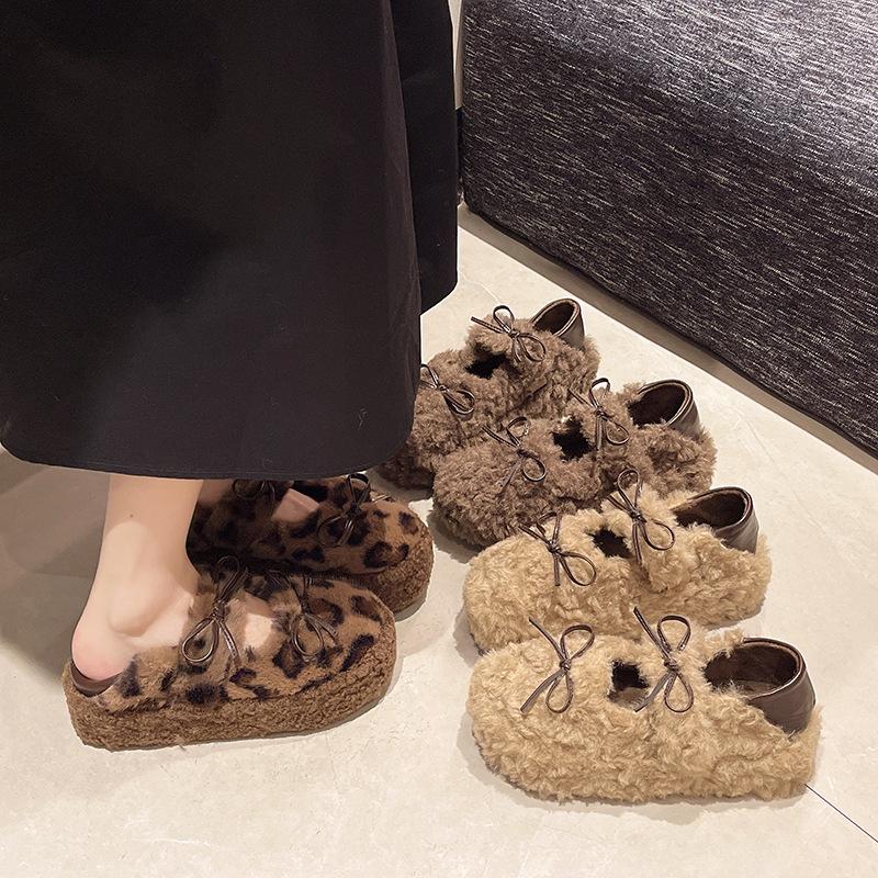 Internet Celebrity Bow Korean Version Ladyshoes High Sense Beautiful Hair Shoes Leopard Print 2025 New Velvet Bean Non-slip Cotton Shoes