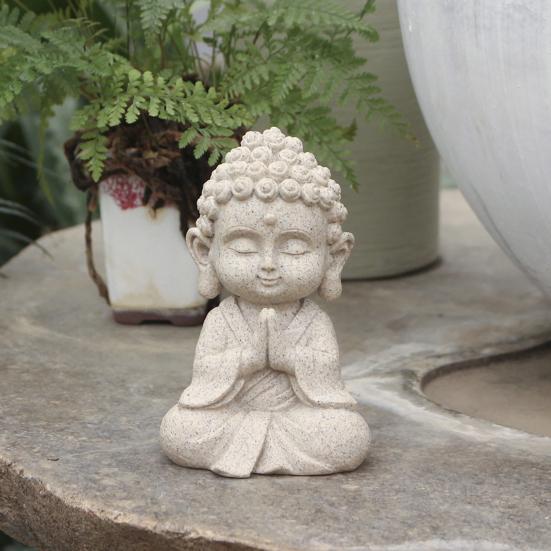 Mini Faux Sandstone Buddha Statue Small Zen Monk Praying Sculpture