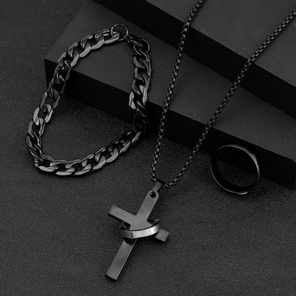 Nuovo Anello in Acciaio Inossidabile Moda Personalità Collana a Croce per Uomo Catena Cubana Set di Gioielli in Acciaio di Titanio