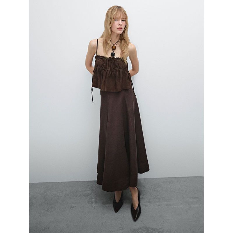 MD Women clothes French style Vacation Wave Style Retro Brown Texture Linen Umbrella Skirt Women's Skirt 05236586717