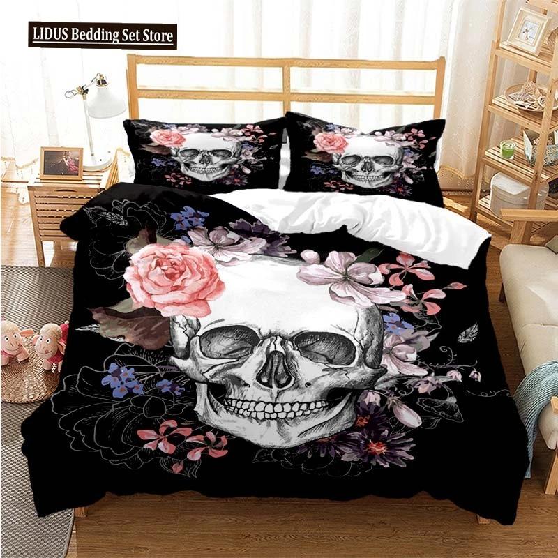 Sugar Skull Duvet Cover Set Queen Size Flowers Skeleton Bed Linen Double Bedding Set With Pillowcase King Size Skull Quilt Cover