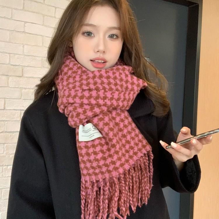 Houndstooth Plaid Tassel Scarf for Girls Winter New Retro Warm Knitted Couple Scarf and Shawl Dual Use