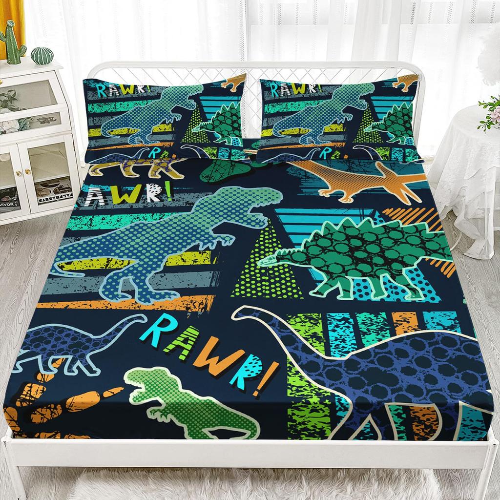 Mehrfarbiges Cartoon-Dinosaurier-Muster Bettmütze Dreiteiliges Digitaldruck Niedliches Muster Bettwäscheset