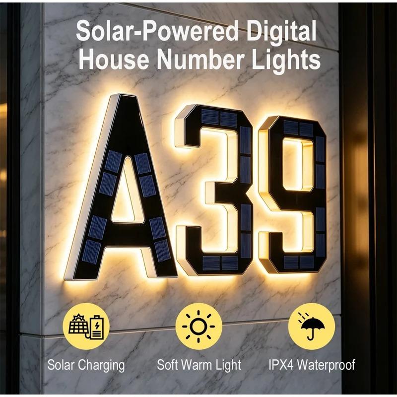 LED Solar House Number Light, Waterproof Light‑Sensor Address Plate for Home Entrance Yard Wall Fence Gate Outdoor Household Decoration