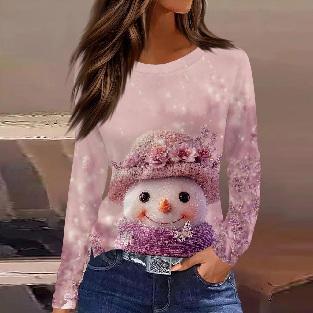 Women's Fashion Casual Slit Hem Round Neck Long Sleeve Loose Printed T-Shirt Ladies Top Christmas