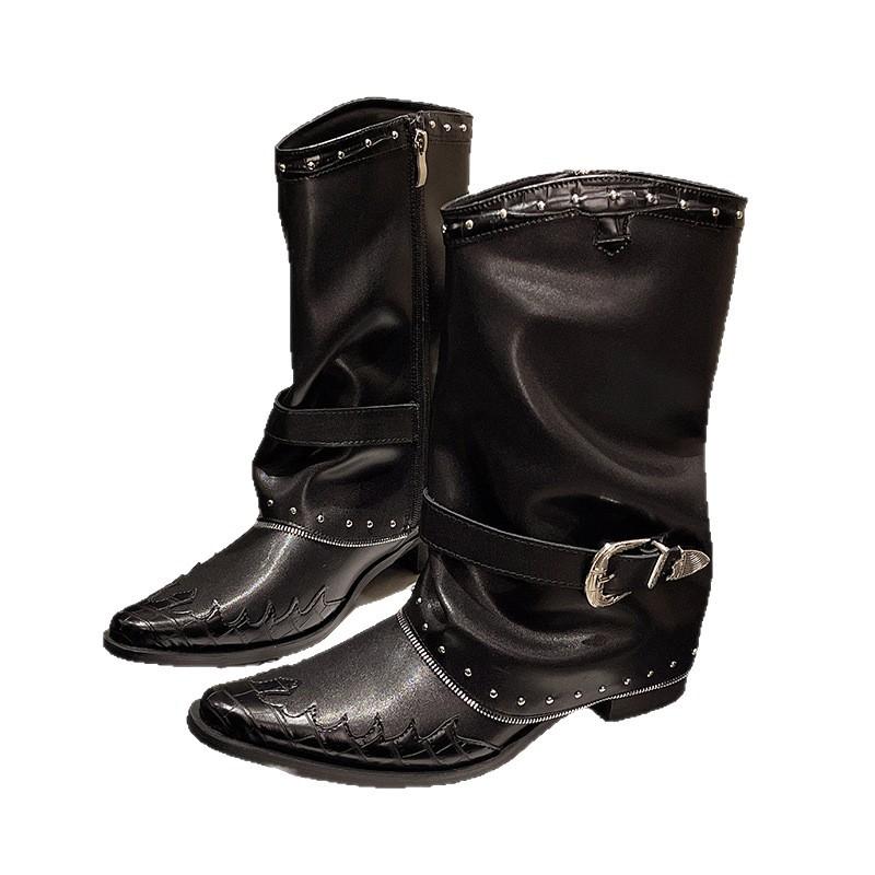 Yueyu Versatile Folded Western Women's Cowhide Pointed V-mouth Skinny Thick Heel Black Niche Rivet Knight Boots Women