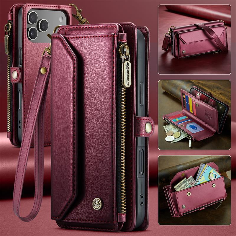 Capa de Celular de Couro Flip com Cordão Longo para iPhone 17 Pro Max Air 16E 16 Plus 15 14 13 12 11 X XS XR SE 2022 8 Carteira com Zíper Porta Multi Cartões Capa