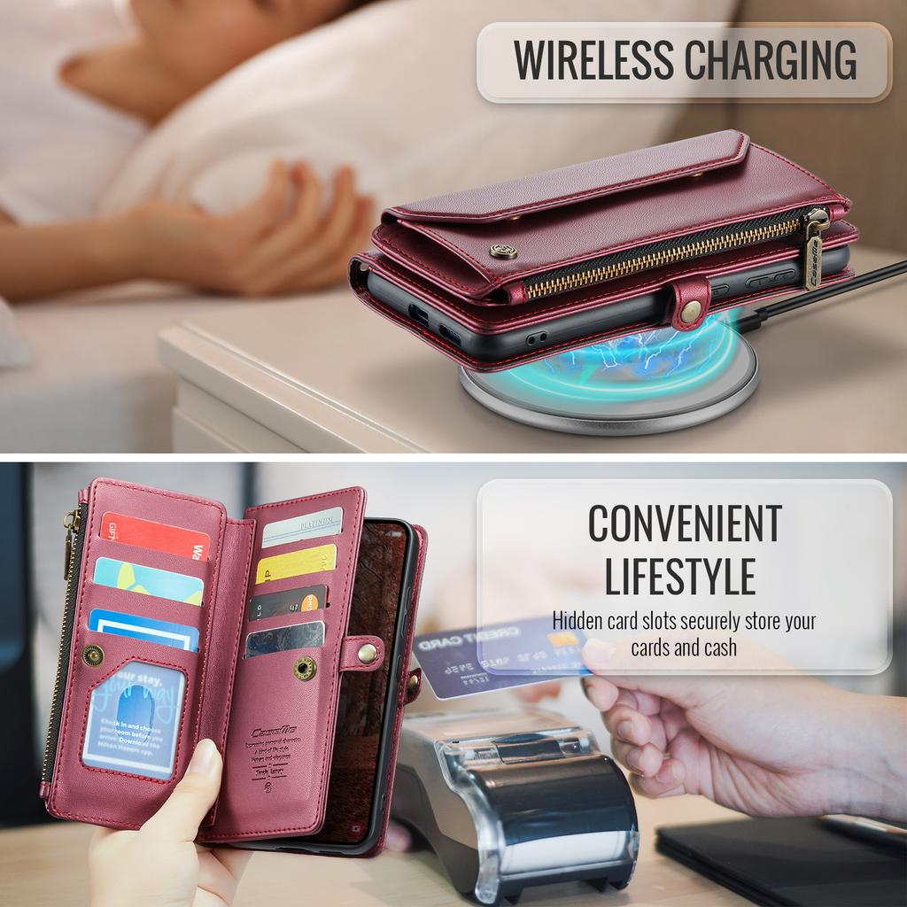 Für Samsung Galaxy S26 Lederhülle CASEME C36 Reißverschluss 10 Kartenfächer Handyhülle mit Tragegurten