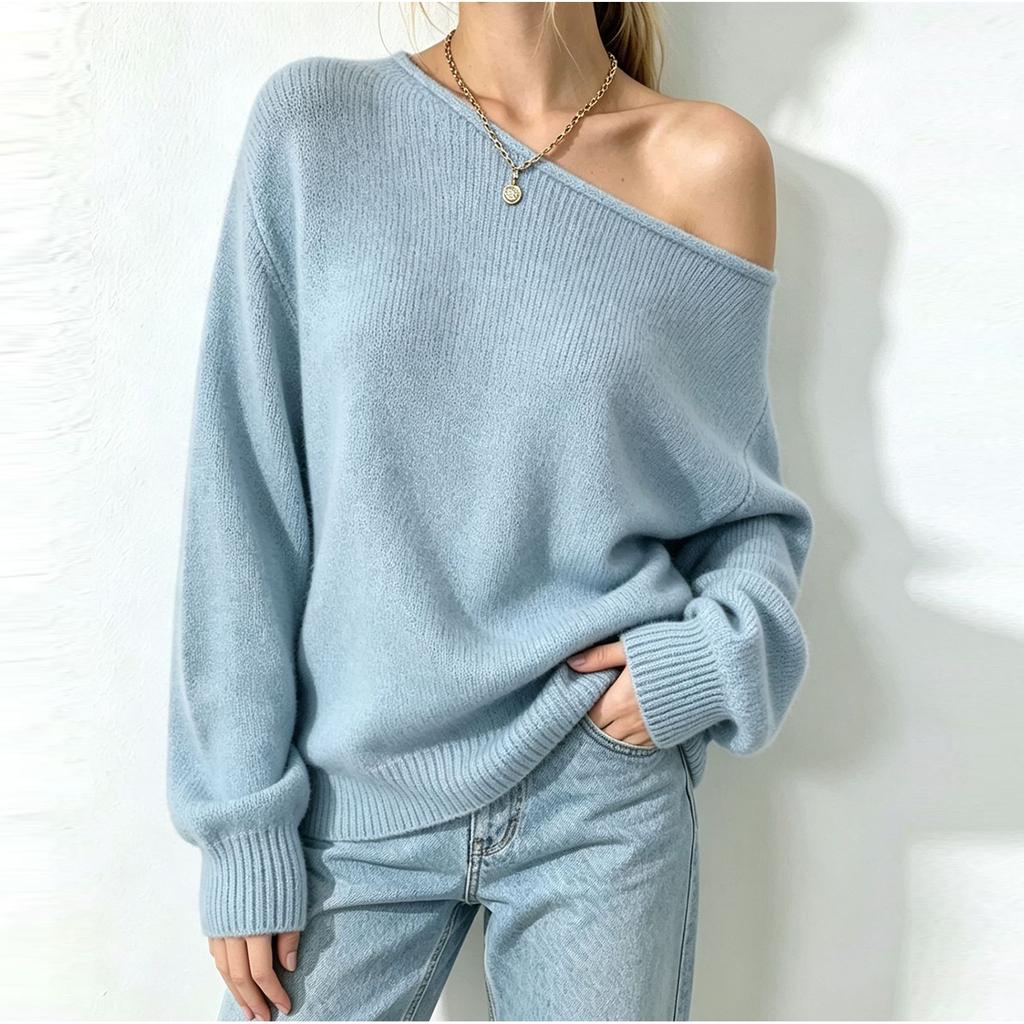 Women's Off-Shoulder Long Sleeve Knit Pullover Sweater