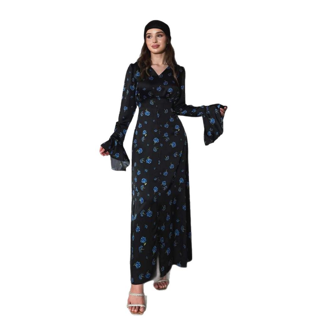 Elegant Autumn 2025 Retro Print Dress with Ruffled Sleeves and Waist-Cinching Design - European & American Style