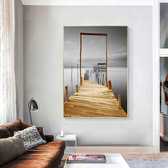 Golden Bridge Tree Lake Scene Black Landscape Poster Print Canvas Paintings Wall Art Pictures for Living Room Home Decor Cuadros No Frame