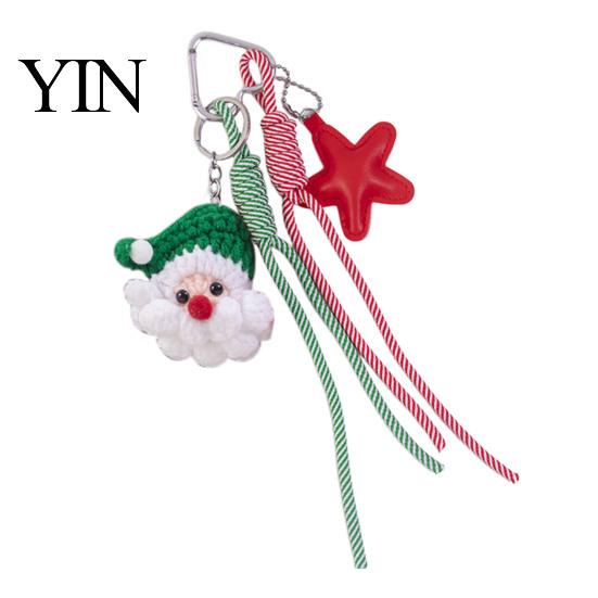 Knitted Holiday Embellishments Christmas Santa Claus Bag Charm, Crochet Keychain Pendant with Key Accessories Faux Leather Star, Xmas Hanging